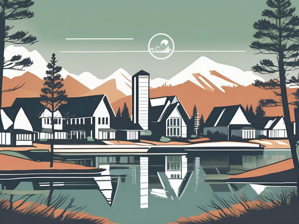 A scenic lake placid landscape with a few symbolic buildings representing title companies