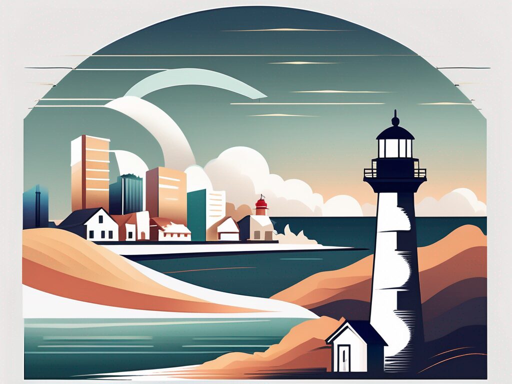 A lighthouse overlooking a scenic florida coastline with a few abstract buildings symbolizing title companies