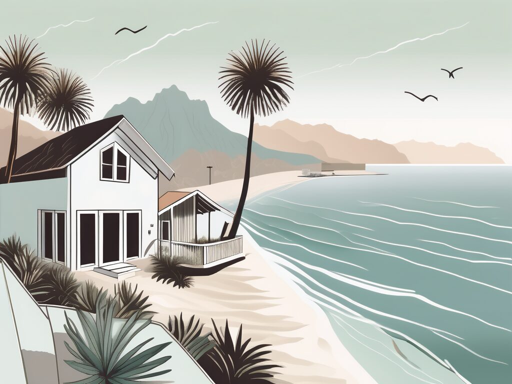 A picturesque madeira beach landscape with a few symbolic title company elements such as a house