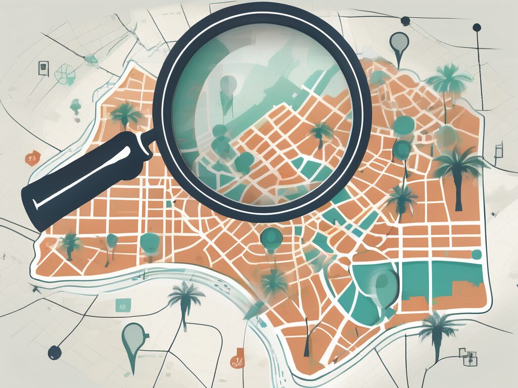 A magnifying glass hovering over a stylized map of orlando