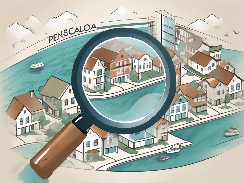 A magnifying glass hovering over a stylized map of pensacola