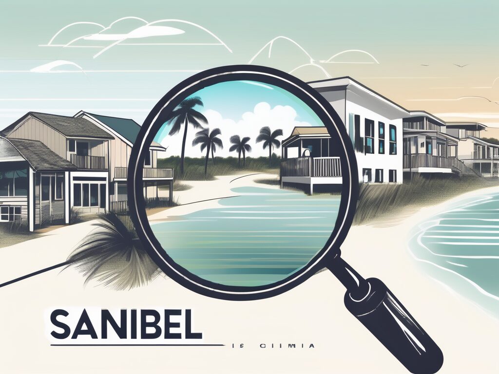 A scenic view of sanibel florida with a few title company buildings scattered around and a magnifying glass hovering over them