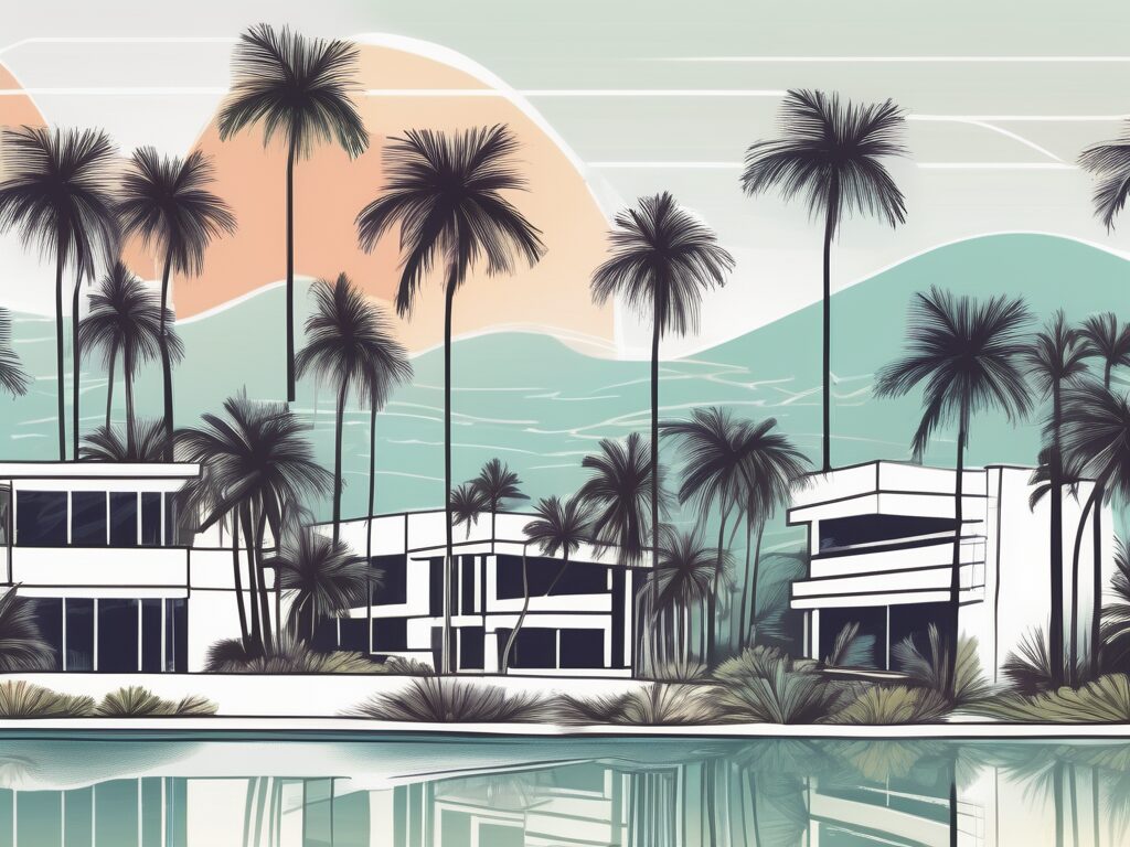 A picturesque south palm beach landscape with a few prominent title company buildings nestled among the palm trees