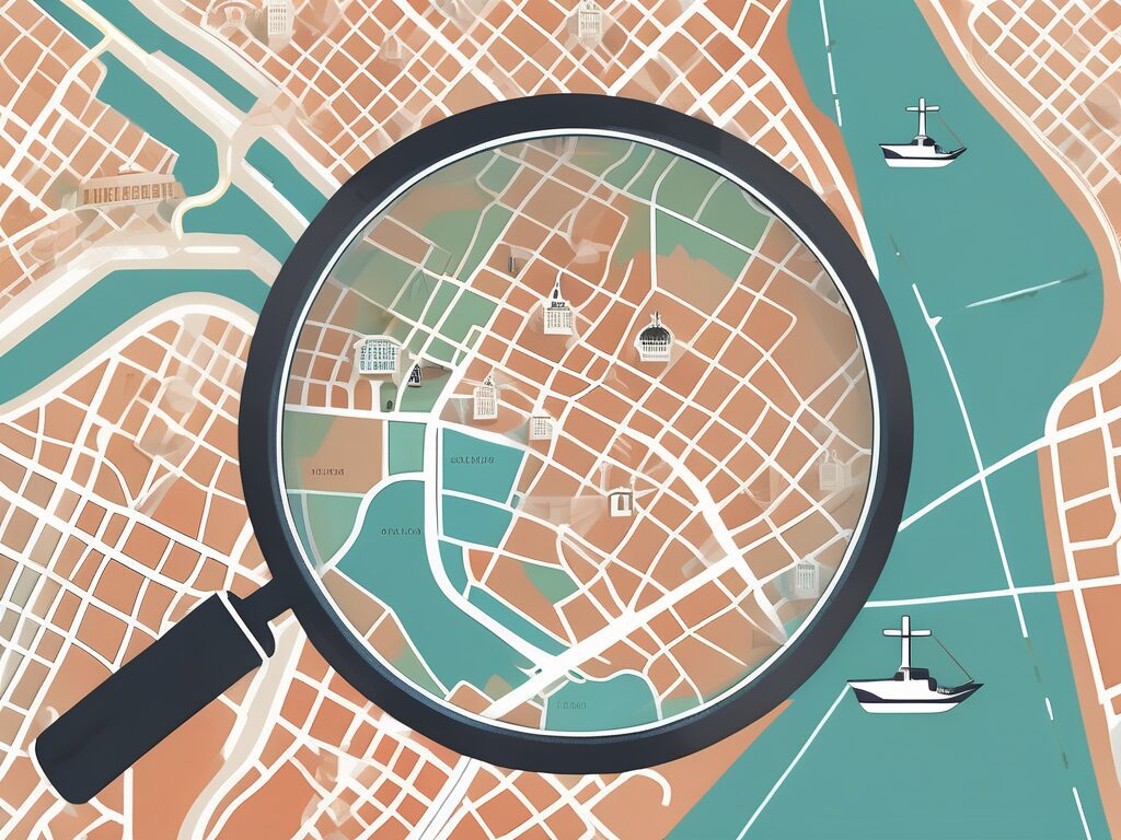 A magnifying glass hovering over a stylized map of st. petersburg
