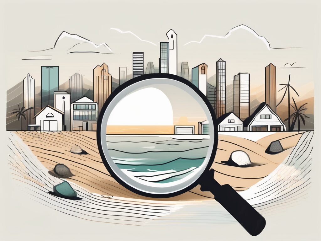 A sunny beach landscape with a few symbolic buildings representing title companies