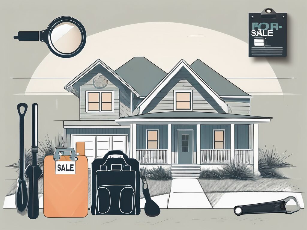 A picturesque atlantic beach home with a "for sale" sign in the yard