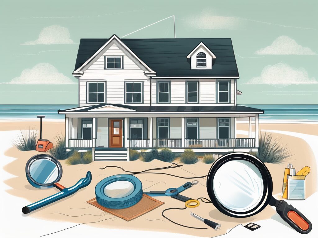 A quaint beach house with a "for sale" sign on the lawn