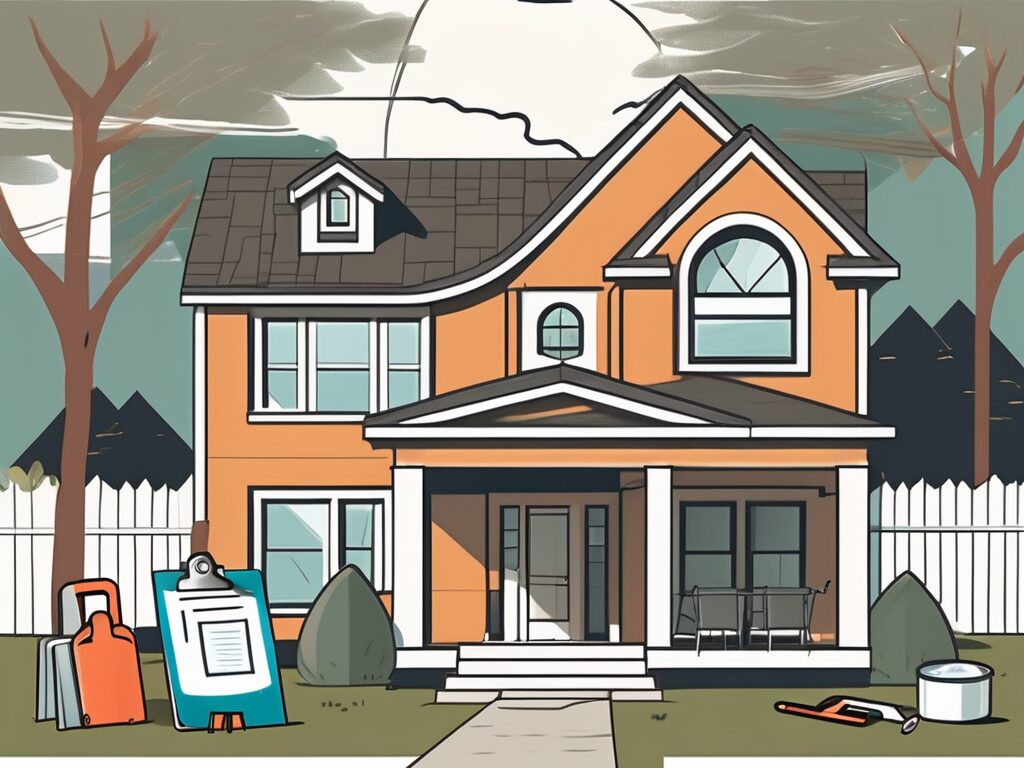 A mascotte home with a for-sale sign in the front yard