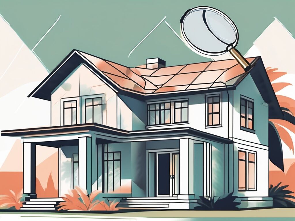 A palm beach-style house with a magnifying glass hovering over it