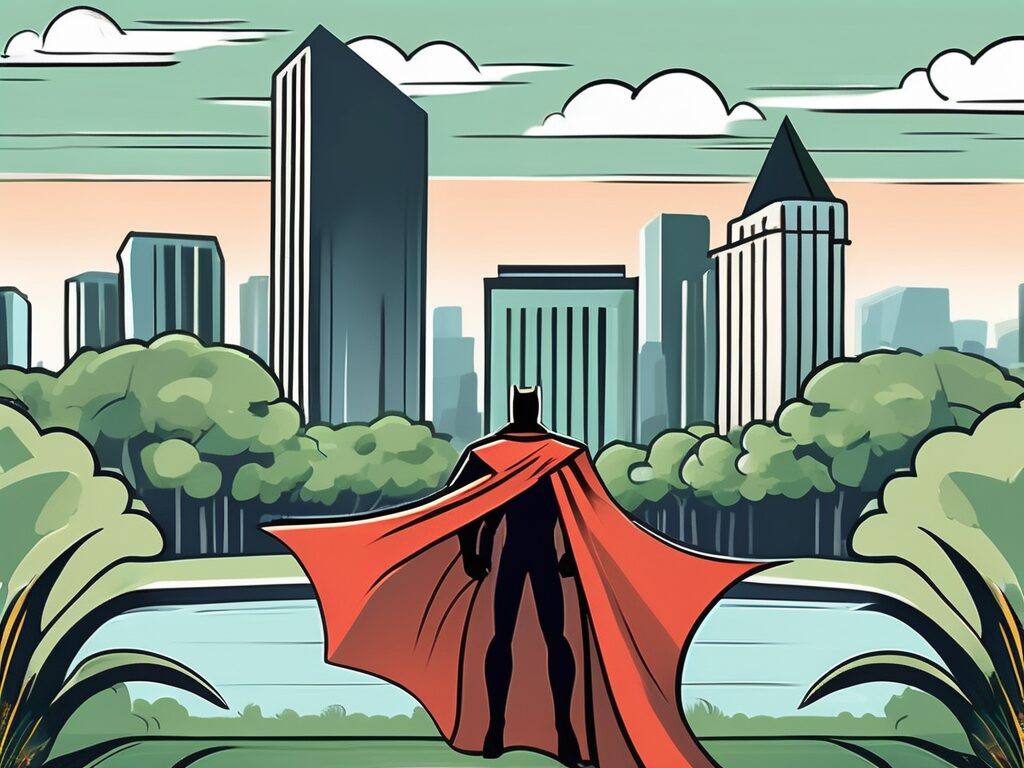 A superhero cape and a detective badge against the backdrop of a stylized parkland