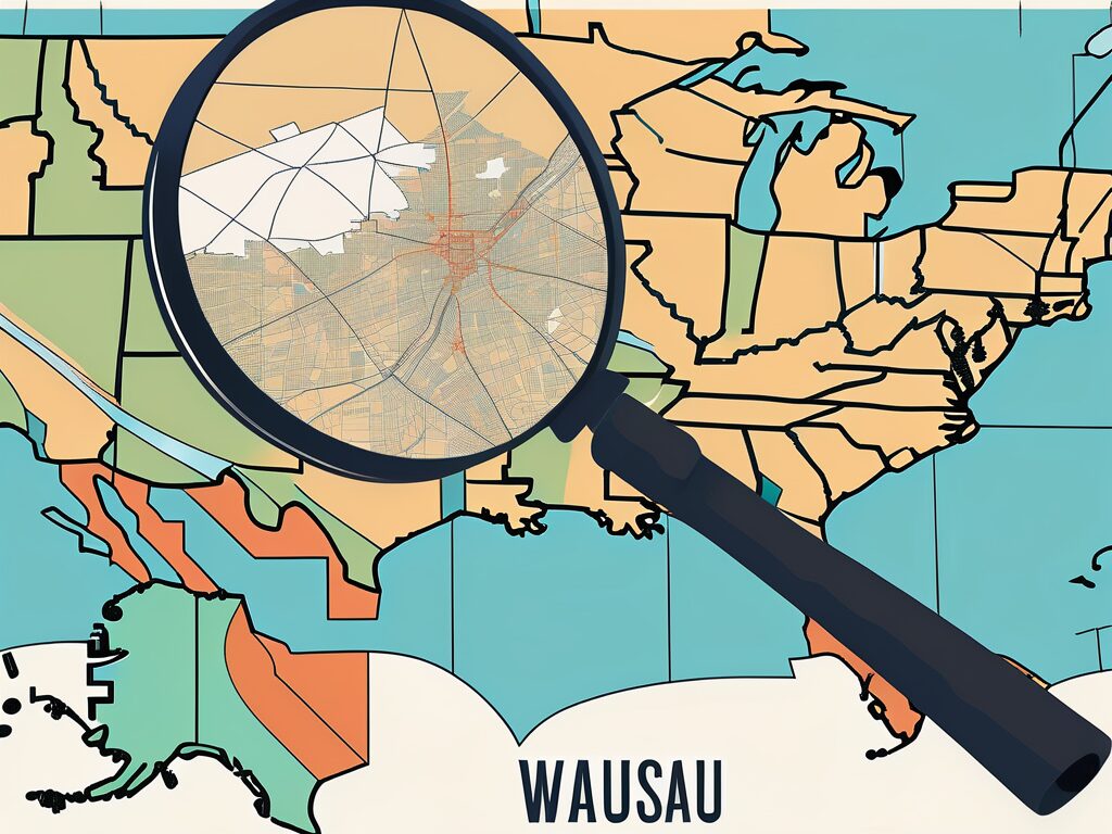 A superhero cape and a detective's magnifying glass placed on a backdrop of a stylized map of wausau