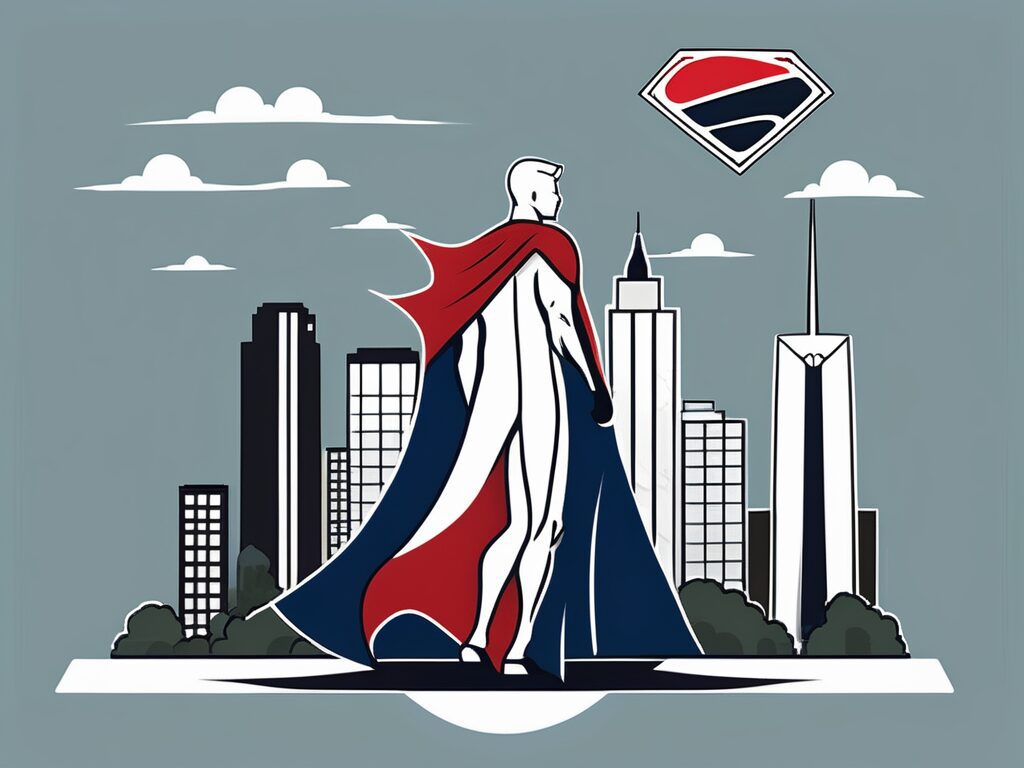 A symbolic scale balancing a superhero cape and a team badge against a backdrop of white springs florida's landmarks