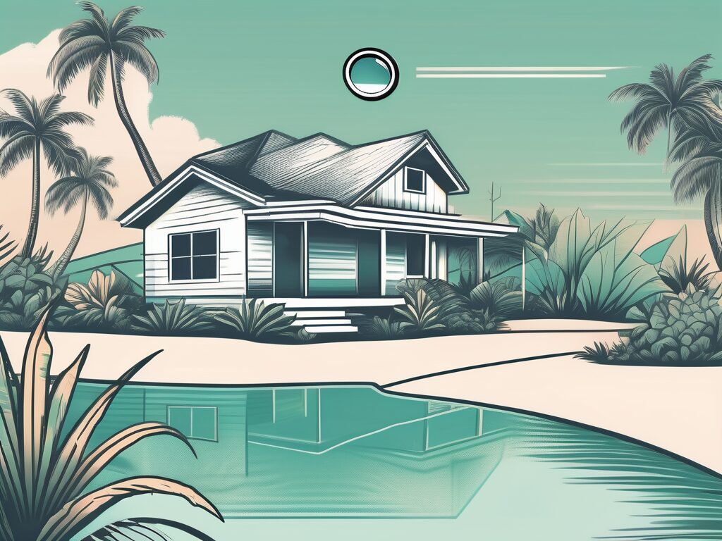 A tropical hawaiian landscape with a house and a magnifying glass hovering over it