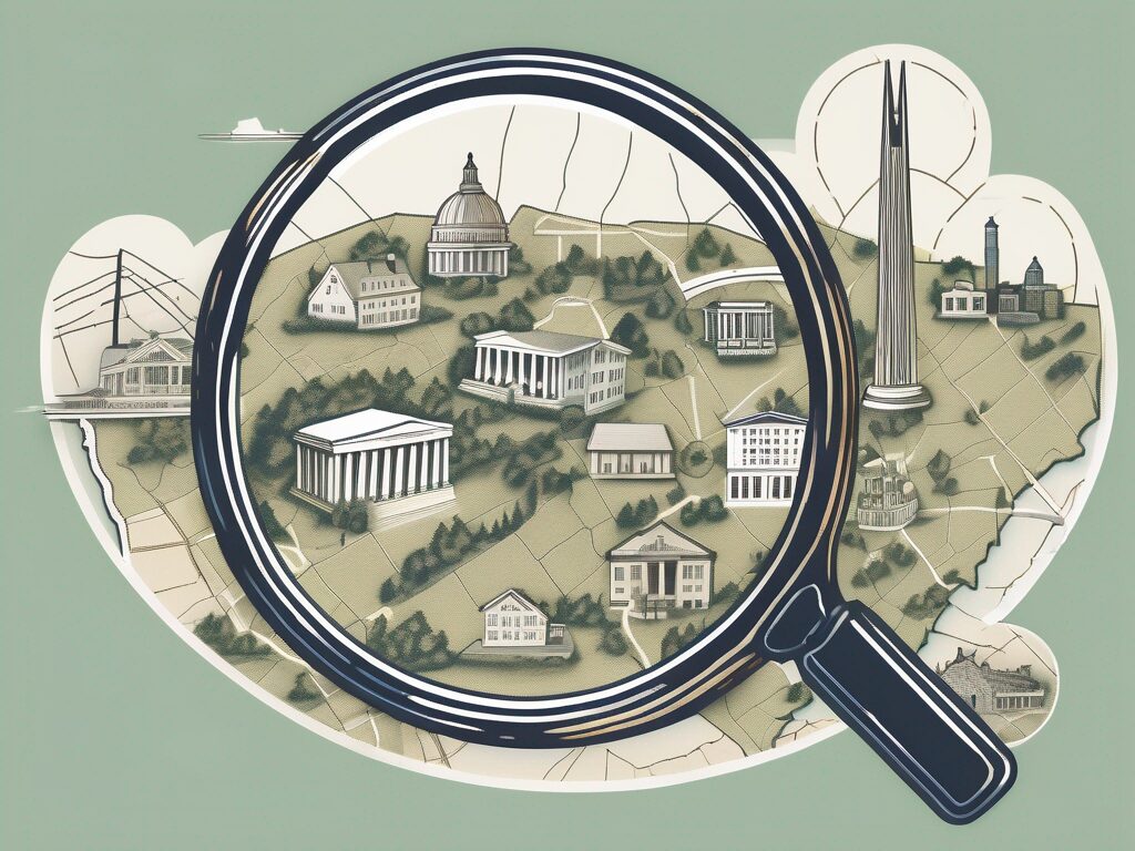 A magnifying glass hovering over a stylized map of west virginia