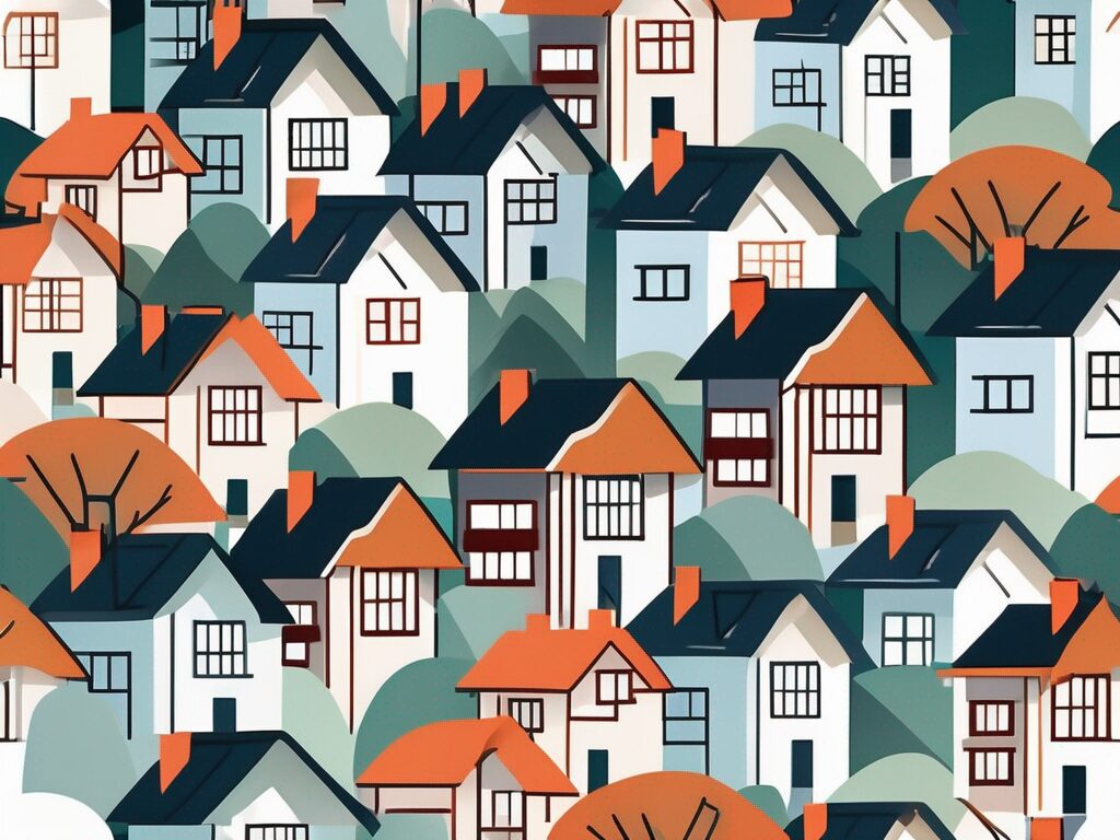 A picturesque vermont landscape with various sized houses and a symbolic representation of mortgage rates