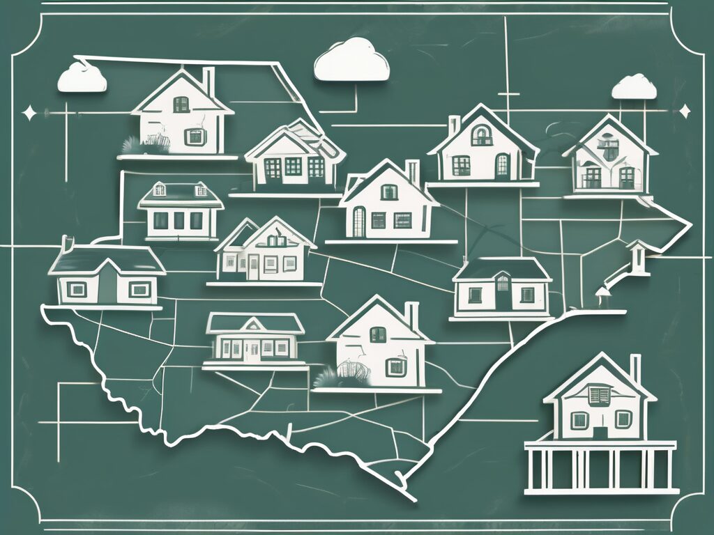 A stylized map of new jersey with symbolic representations of houses and dollar signs