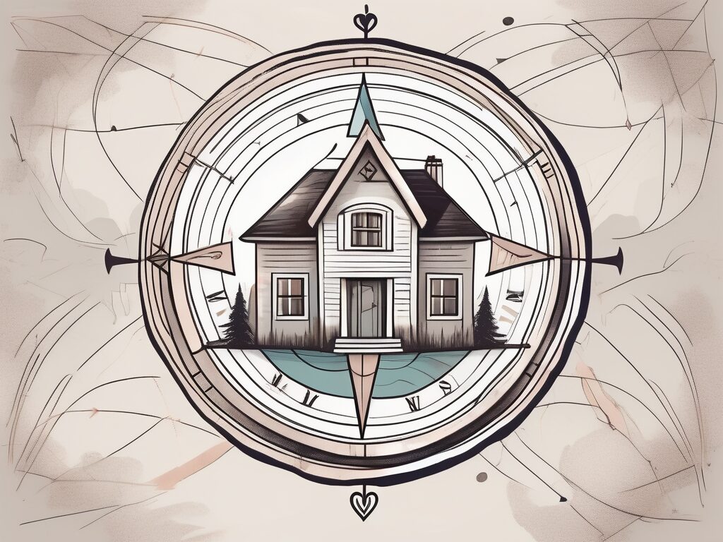A heart-shaped compass pointing towards a stylized house