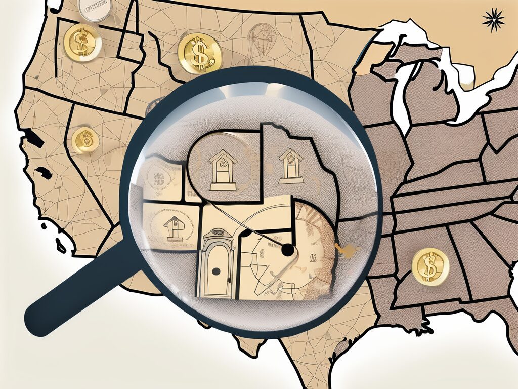 A magnifying glass hovering over a stylized map of california