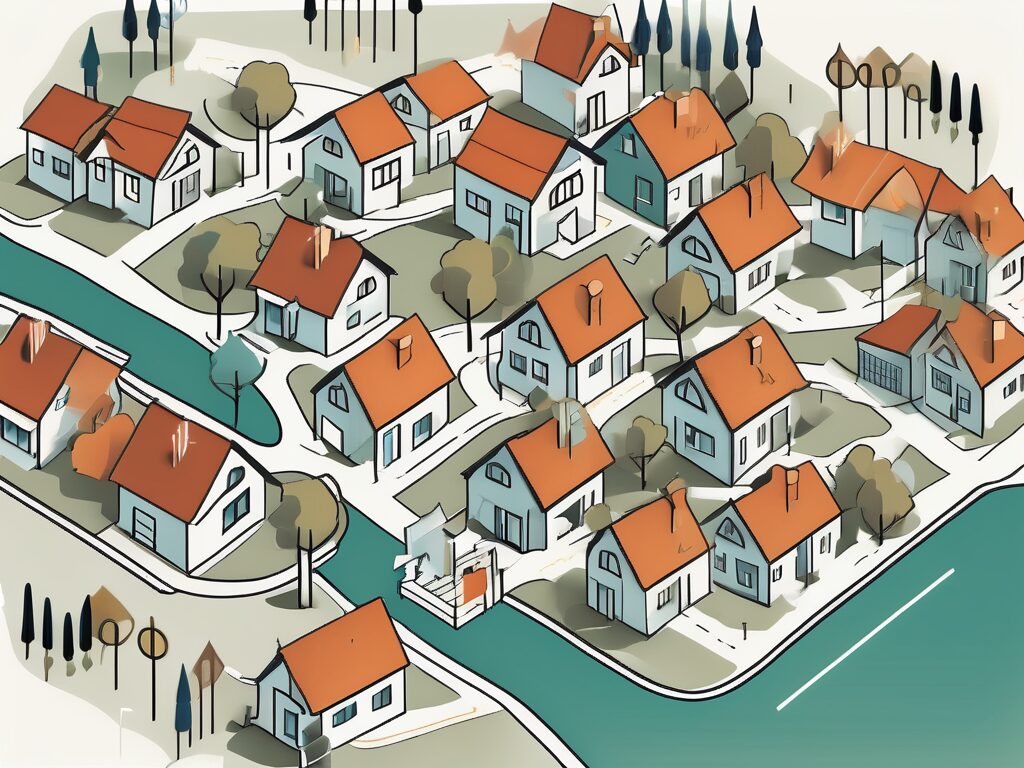 A map highlighting several cities with houses and for sale signs
