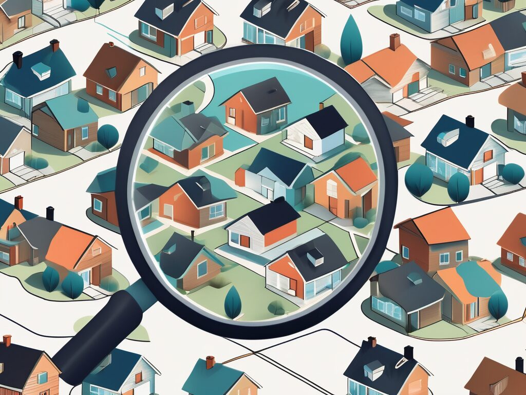A magnifying glass hovering over a stylized map featuring various types of homes