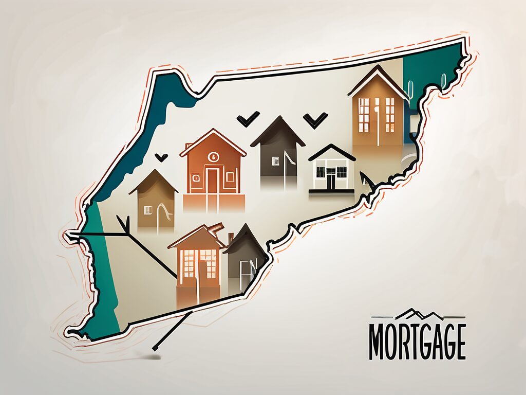 A map of florida with symbolic representations of houses and a downward pointing arrow indicating low mortgage rates