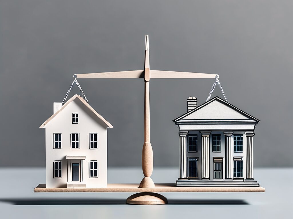 A scale balancing a house model and a bank building