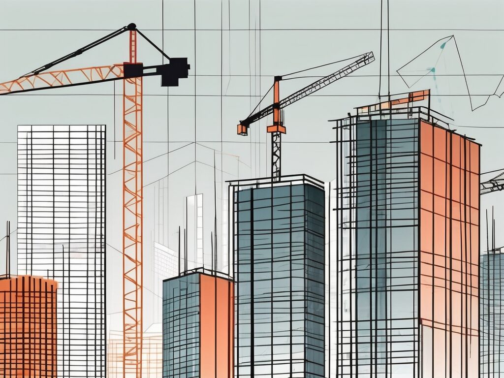 Multiple unfinished skyscrapers with construction cranes