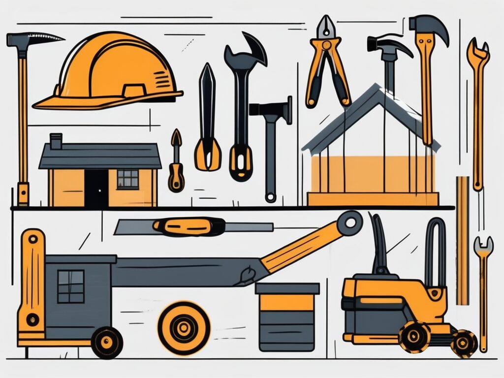 A house under construction with various tools around it