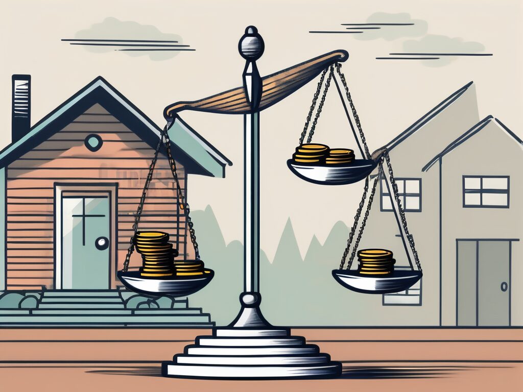 A scale imbalanced with a house on one side and a stack of coins on the other