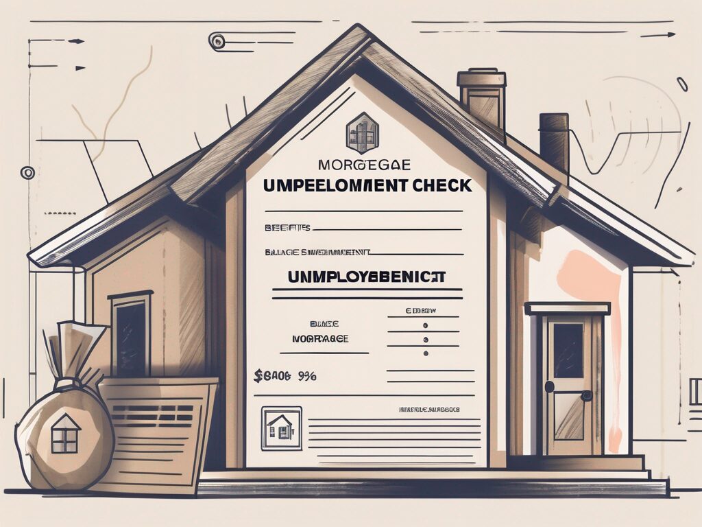 A house with a mortgage document on one side and an unemployment benefits check on the other