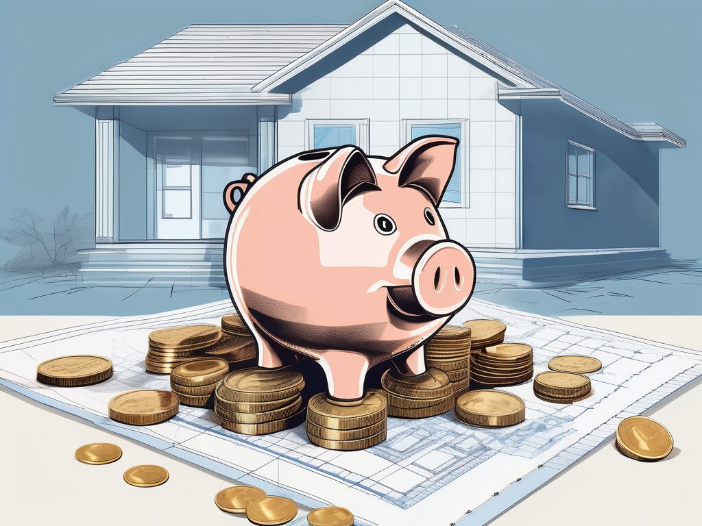 A piggy bank on top of a blueprint of a house