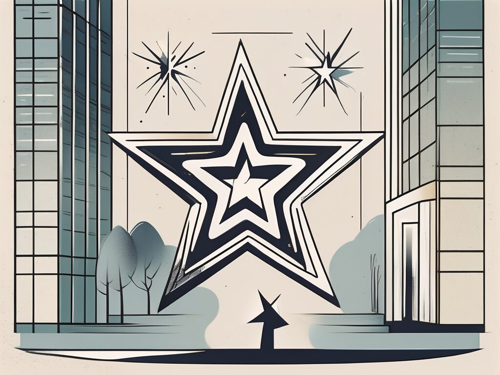 A house balanced on a five-pointed star and a five-armed scale