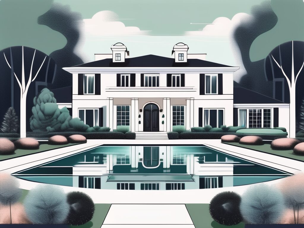 A luxurious mansion in an upscale neighborhood with high-end cars in the driveway