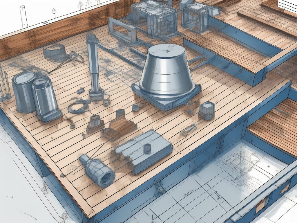 A detailed blueprint of a deck with various construction elements and tools scattered around