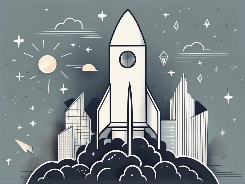 A rocket-shaped house soaring into a sky filled with symbols of mortgage rates