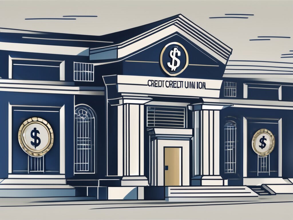 A navy federal credit union building with symbolic elements like a dollar sign