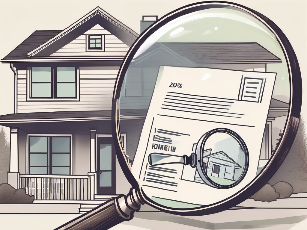 A house with a mortgage document next to it and a magnifying glass hovering over both