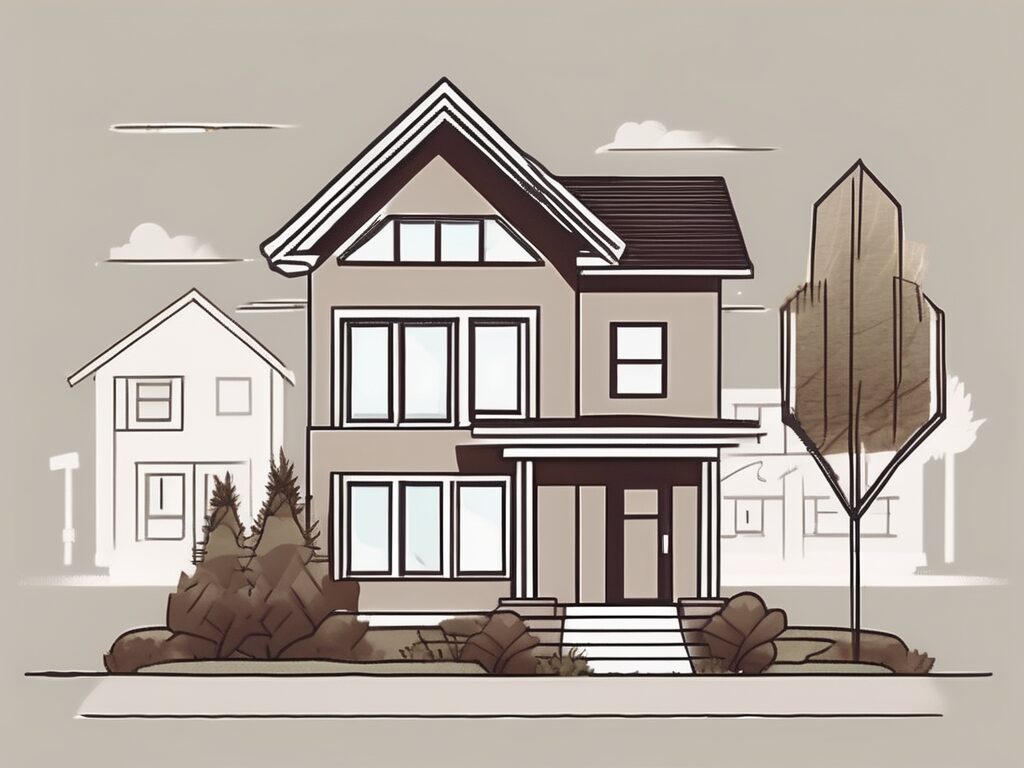A duplex house with a for sale sign in the front yard
