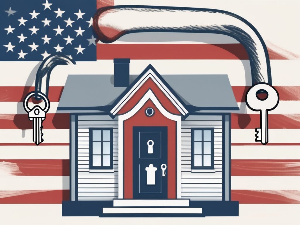 A house with an american flag in the background