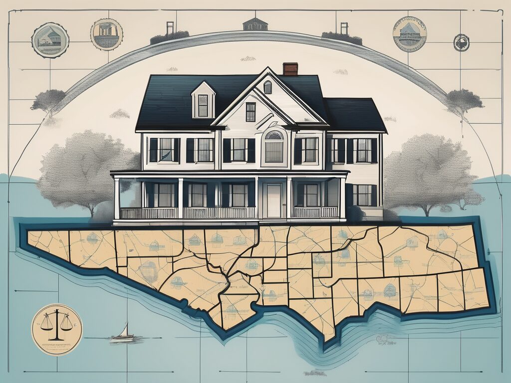 A detailed map of rhode island with symbolic representations of houses and dollar signs to indicate the concept of fha loan limits