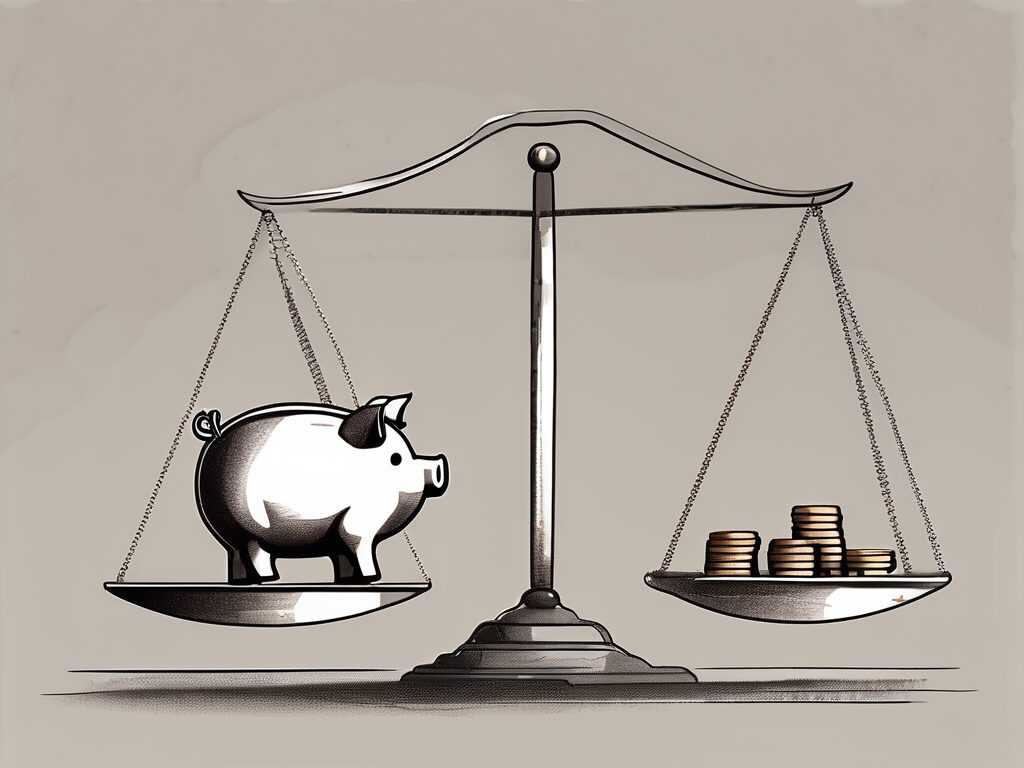A piggy bank on one side of a scale and a house on the other