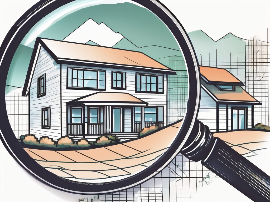 A magnifying glass hovering over a house and a stock market chart