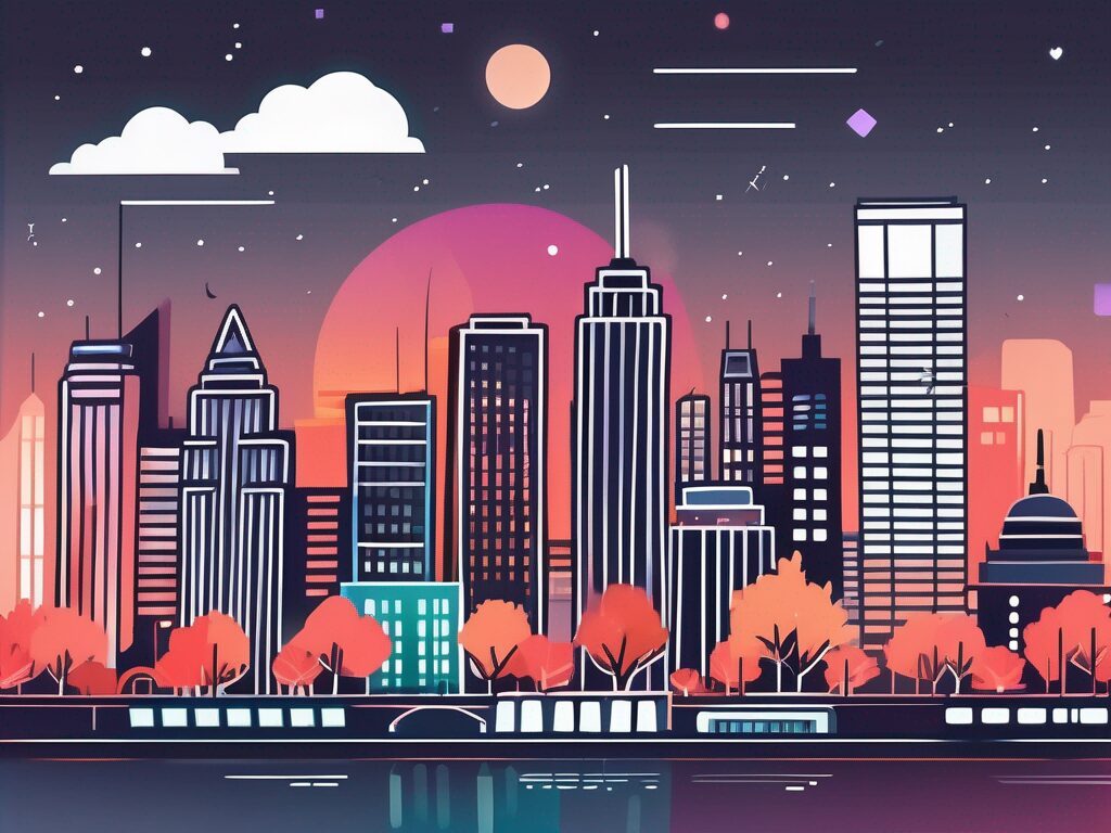 A vibrant city skyline at night
