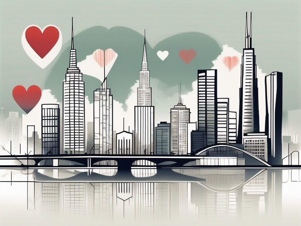 Several metropolitan skylines with symbolic elements like hearts and dollar signs subtly integrated into the architecture