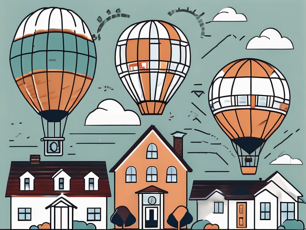 A hot air balloon with various sections labeled with mortgage-related icons