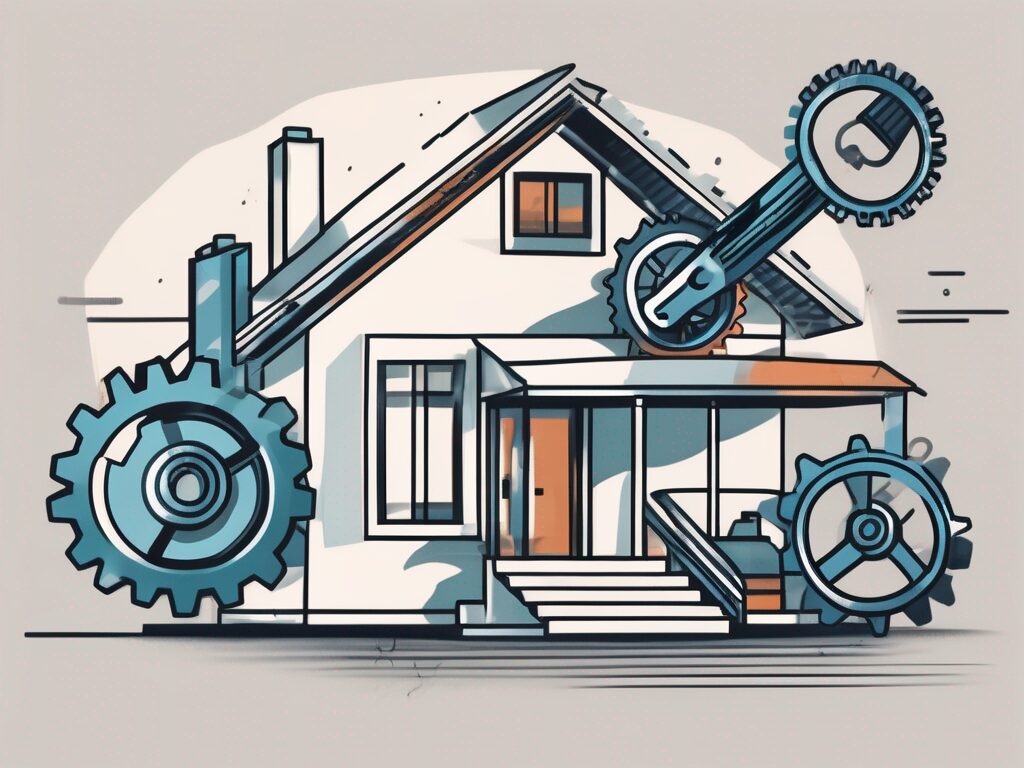 A house being adjusted with mechanical tools like a wrench and gears to symbolize the process of mortgage recasting