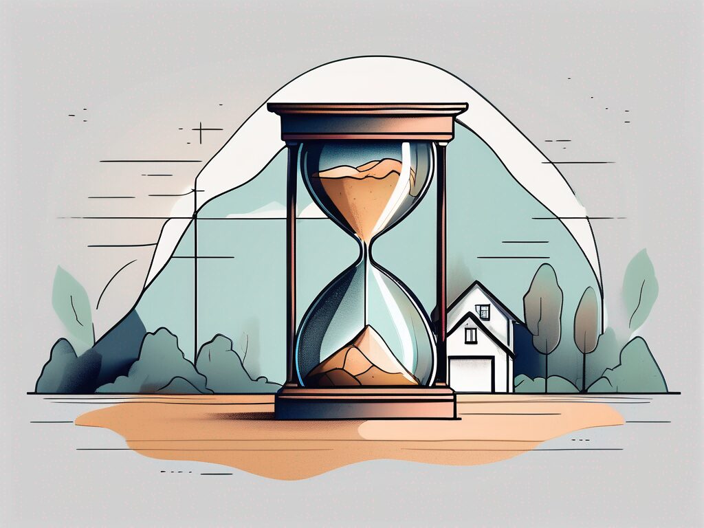 A house with a giant hourglass next to it