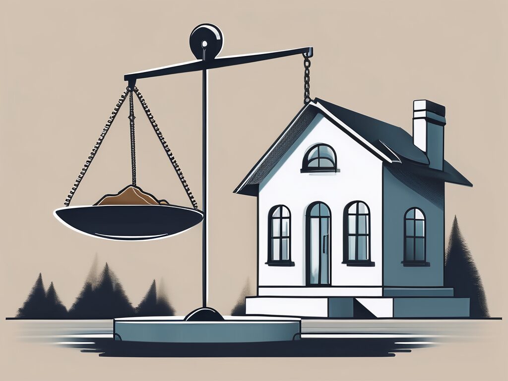 A house sitting on a piece of land with a balance scale in the foreground