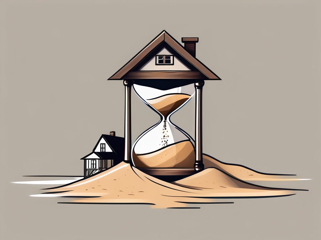 A house with a large hourglass beside it