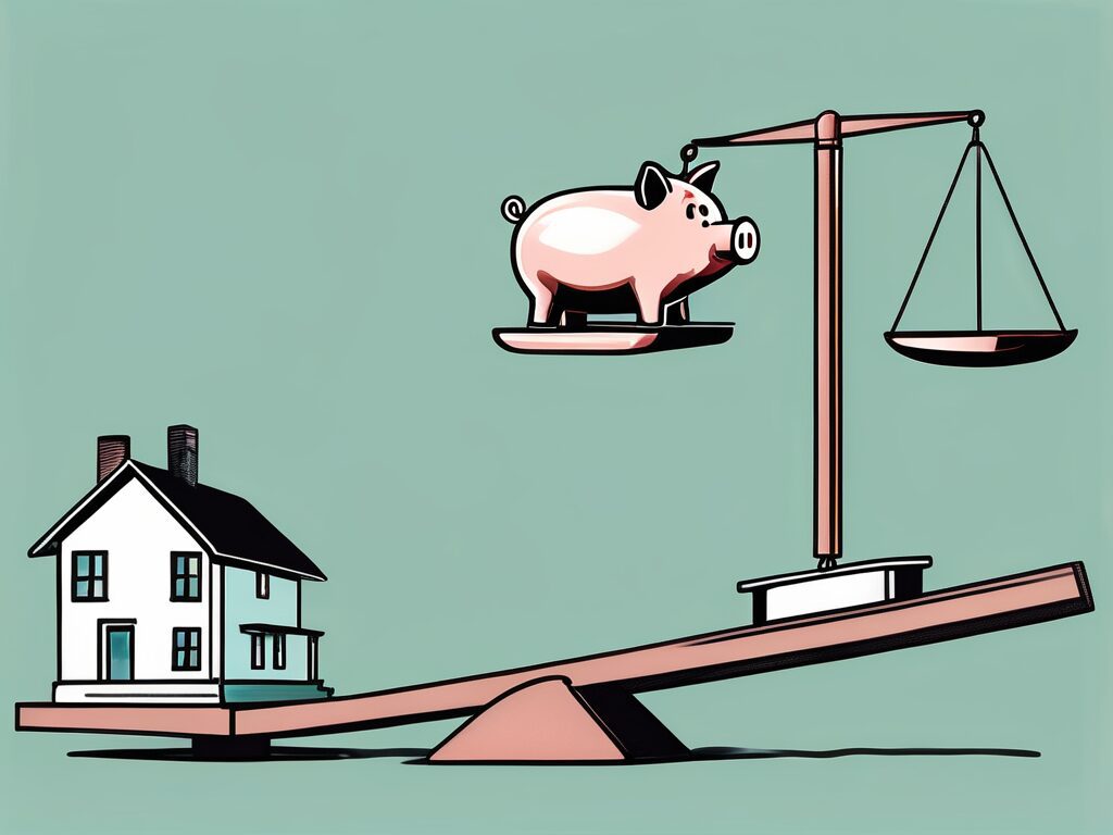 A 401(k) piggy bank on one side of a balance scale and a house on the other side